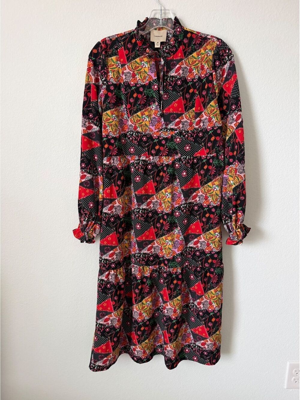 I. Madeline Ruffled Tie Neck Boho Floral Patchwork Print Midi Dress Size M